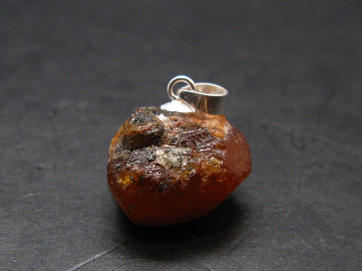 Gem Spessartine Spessartite Orange Garnet Pendant in SS From Tanzania - 0.6" - 5.20 Grams