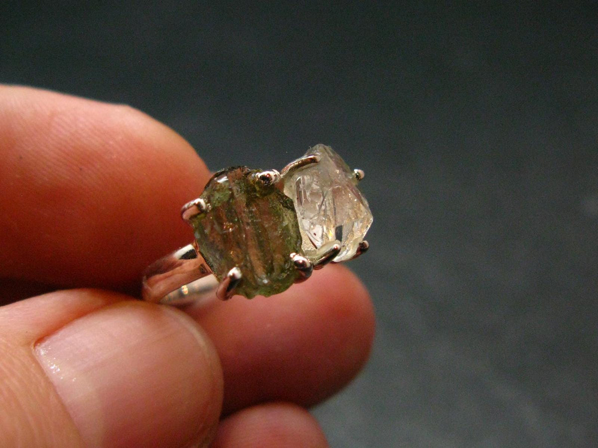 Moldavite Tektite and Herkimer Diamond Silver Ring - Size 8 - 2.34 Grams