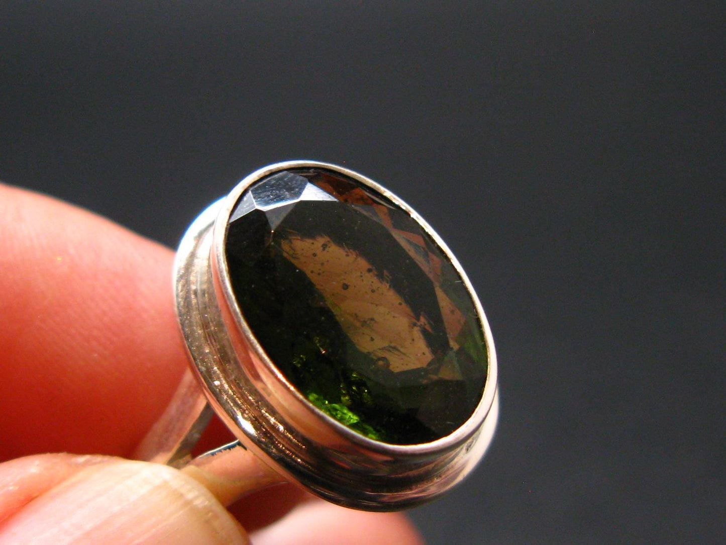 Moldavite Tektite Facetted Silver Ring from Czech Republic - Size 10 - 8.0 Grams