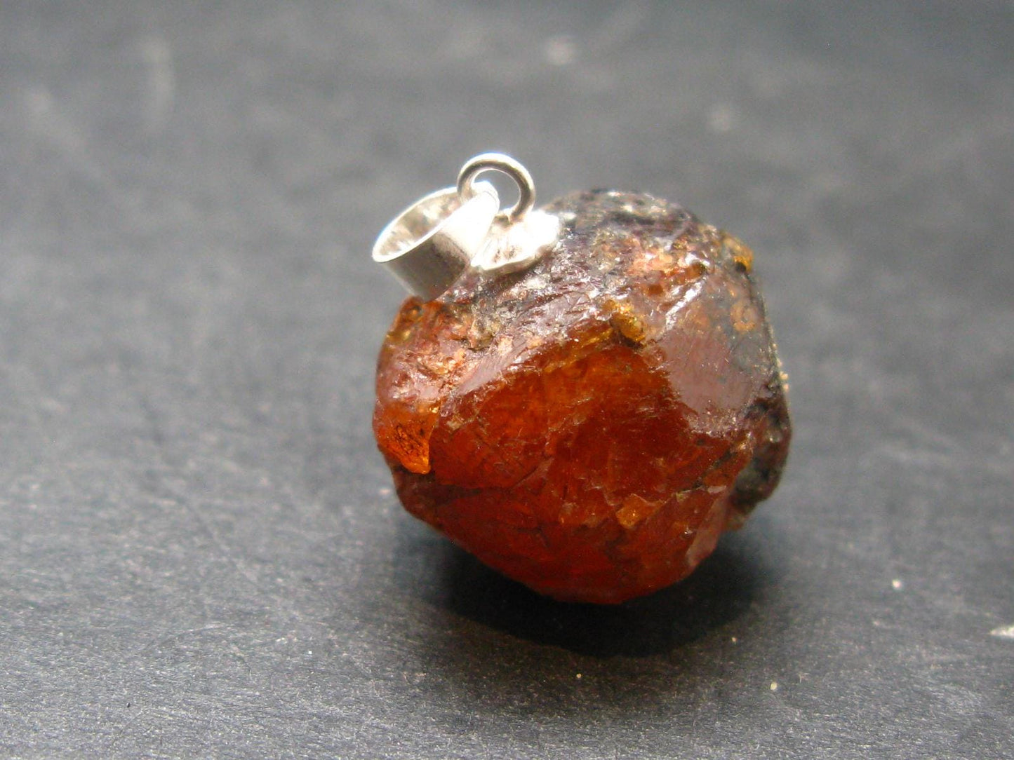 Gem Spessartine Spessartite Orange Garnet Pendant in SS From Tanzania - 0.8" - 7.14 Grams