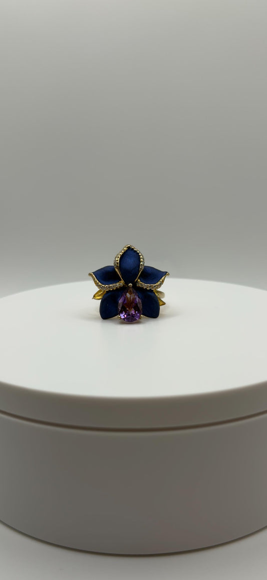 Natural Amethyst Ring – Sterling Silver with 14k Gold Plating – Flower Gemstone Ring – Crystal Jewelry – Elegant Statement Piece - Size 8.5