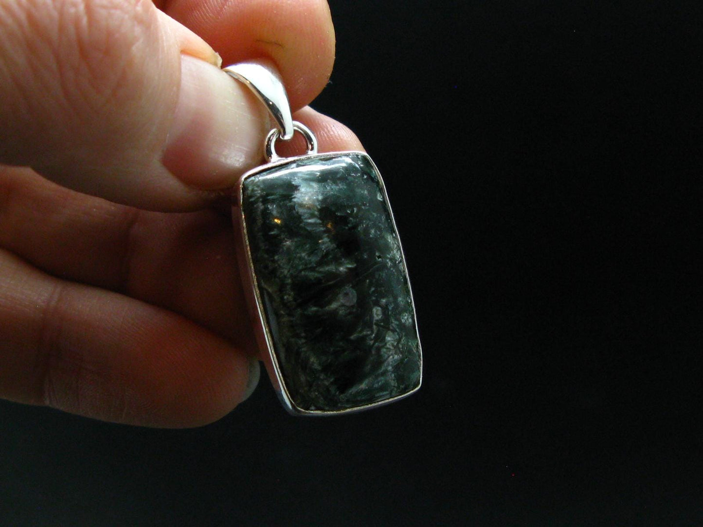 Nice Polished Seraphinite Clinochlore Stalactite Silver Plated Pendant From Russia - 1.4" - 6.09 Grams