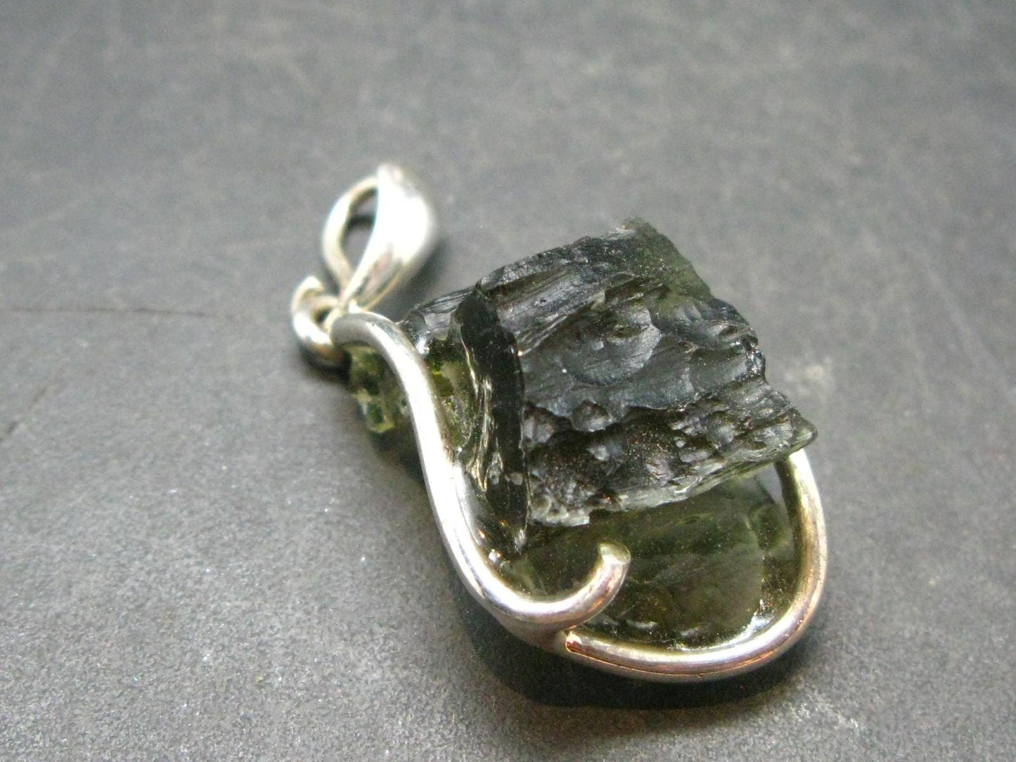 Moldavite Tektite Silver Clover Pendant from Czech Republic - 1.5" - 5.64 Grams