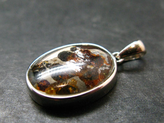 Rare Brahin Meteorite Slice With Olivine Pallasite Silver Pendant from Belarus - 1.0" - 3.0 Grams