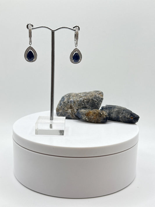 Pear Sapphire Dangle Earrings | Blue Sapphire Halo Earrings | Sterling Silver Drop Earrings | September Birthstone - Weight 5.42 g