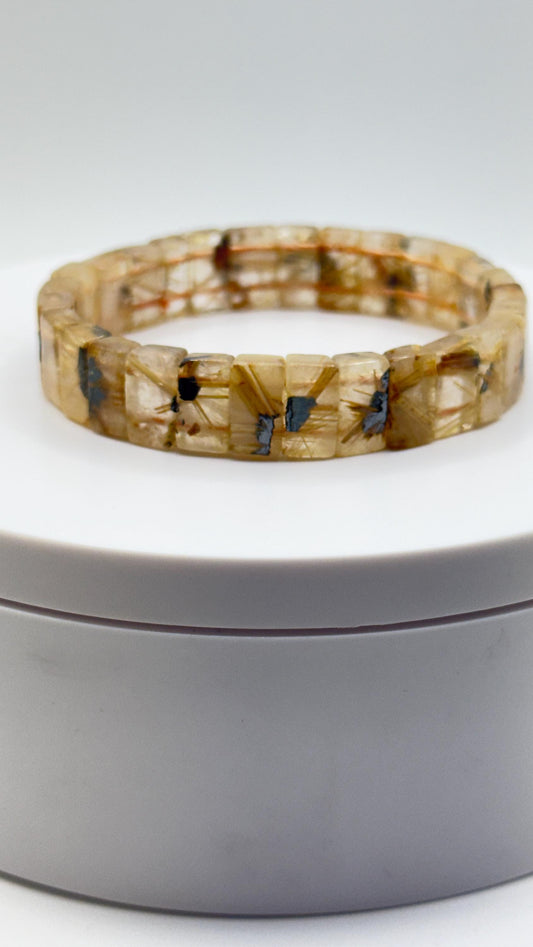 Rutilated Quartz Tile Bracelet – Natural Golden Inclusion Stretch Jewelry