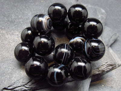 Black Agate Genuine Bracelet ~ 7 Inches ~ 12mm Round Beads