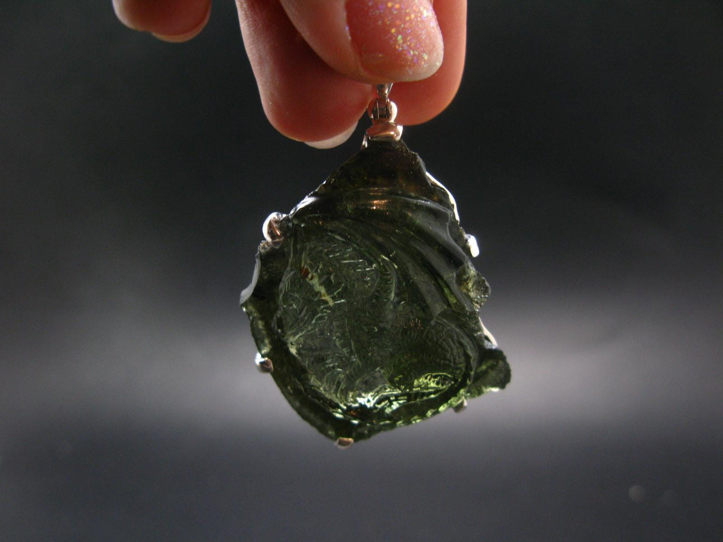 Moldavite Tektite Silver Dragon Pendant from Czech Republic - 2.2" - 15.96 Grams