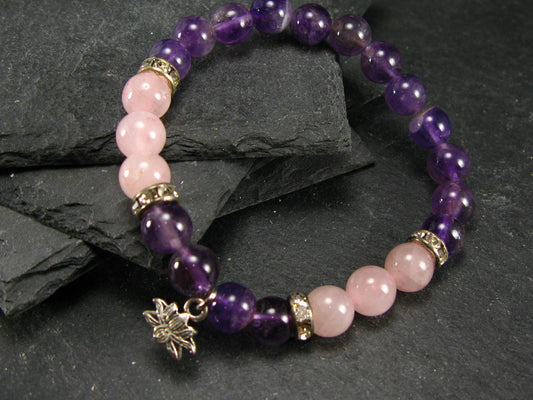 Rose Quartz & Amethyst Genuine Bracelet ~ 7 Inches ~ 8mm Round Beads