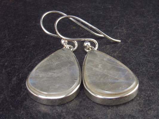 Pear Shaped Cabochon Natural Moonstone 925 Sterling Silver Drop Earrings - 1.3" - 4.3 Grams