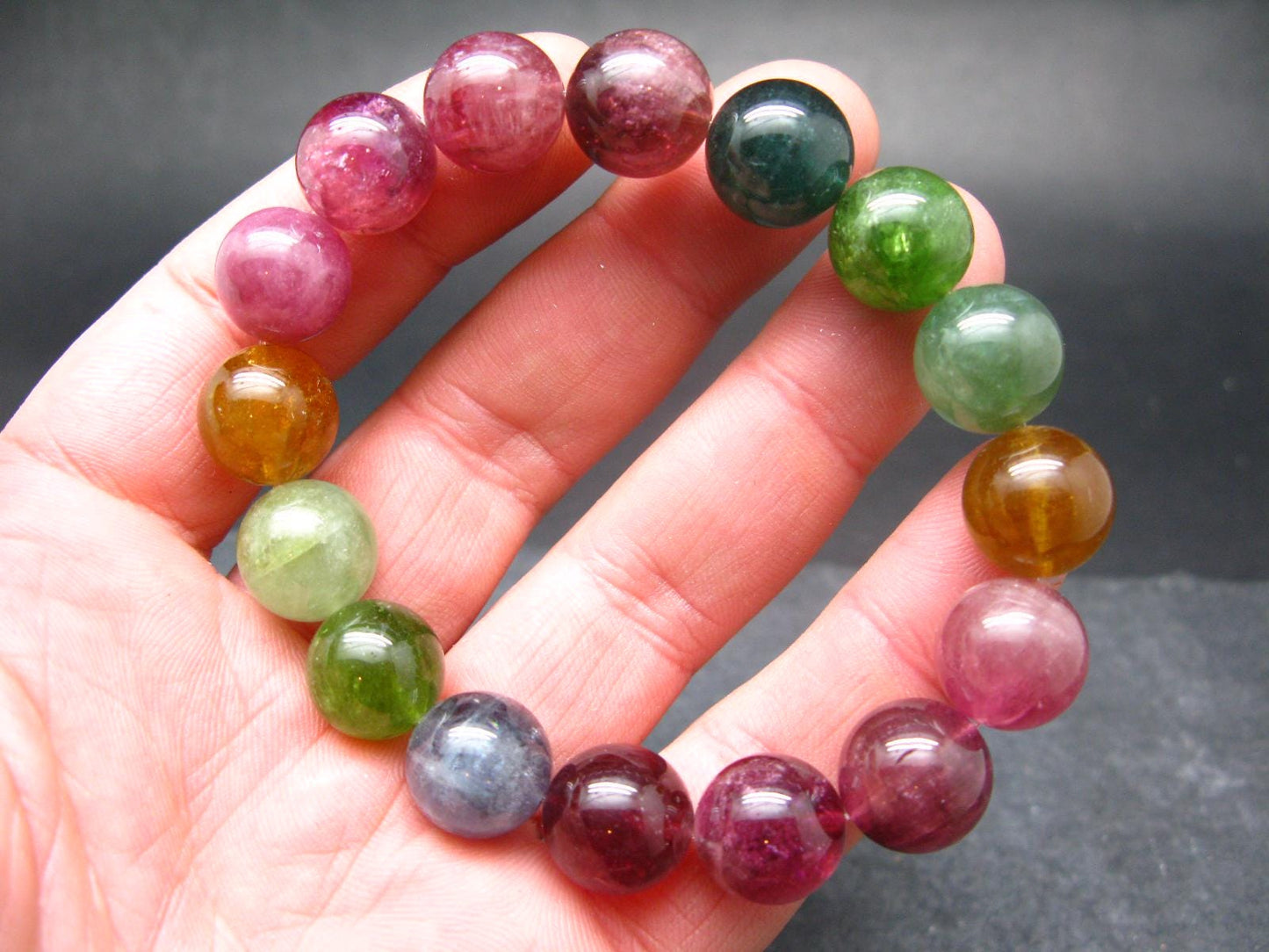 AAA Grade Gem Watermelon Bicolor Tourmaline Genuine Bracelet ~ 7.5 Inches ~ 13mm Round Beads