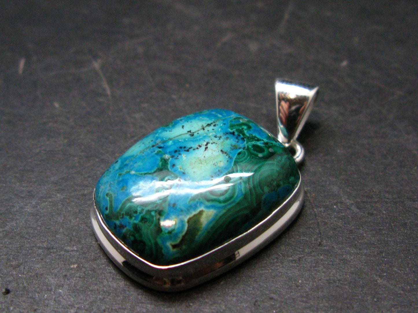 Malachite And Chrysocola Silver Plated Pendant from Congo - 1.3" - 7.3 Grams