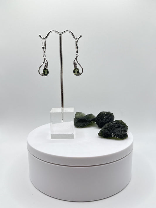 Sterling Silver Moldavite Drop Earrings – Handcrafted Green Gemstone Dangles in Sterling Silver - Weight 4.20 Grams