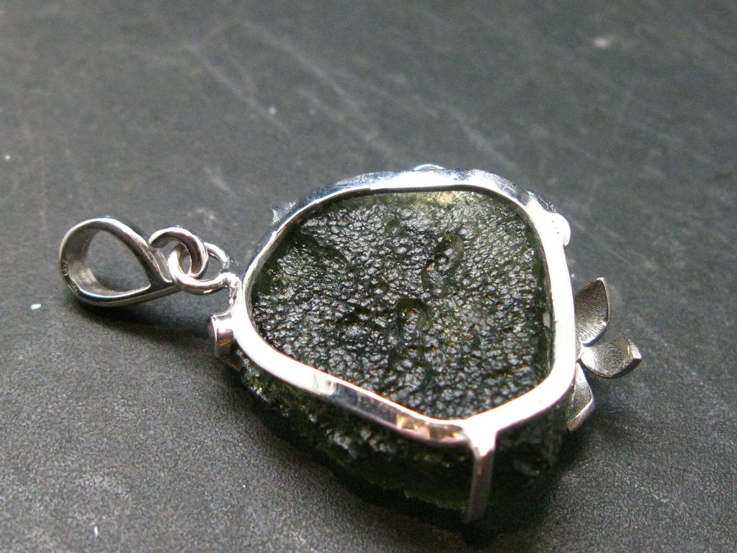 Moldavite Tektite Silver Clover Pendant from Czech Republic - 1.4" - 6.64 Grams