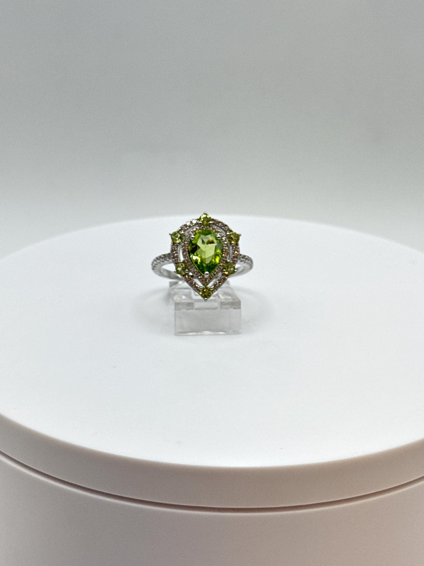 Pear-Shaped Peridot Halo Ring | Sterling Silver, August Birthstone, Size 7.5