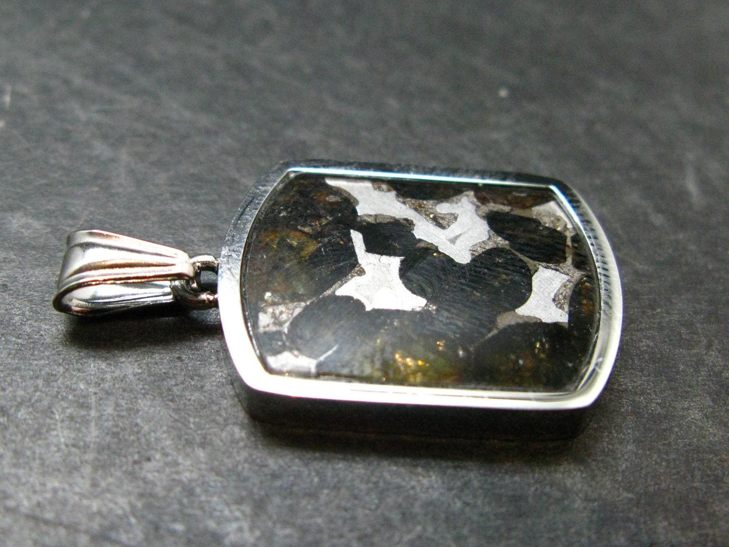 Rare Brahin Meteorite Slice With Olivine Pallasite Silver Pendant from Belarus - 1.2" - 4.36 Grams
