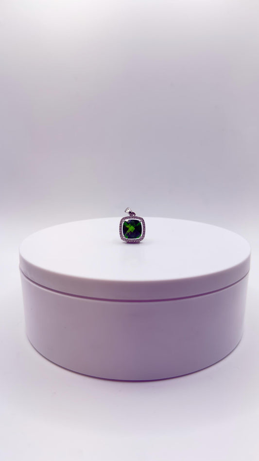 Green Helenite Cushion Cut Halo Pendant – Sterling Silver Statement Gemstone Necklace Pendant