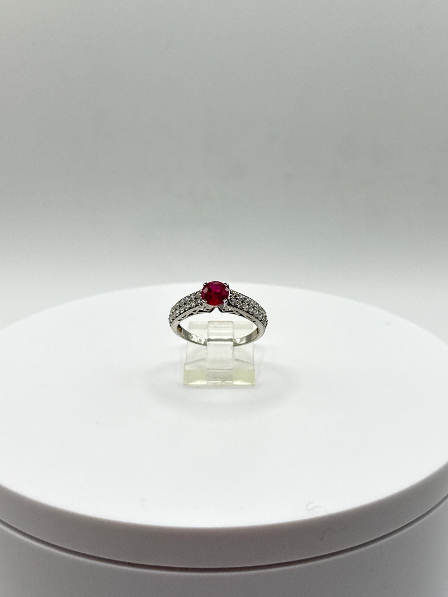 Ruby Solitaire Ring | Sterling Silver Pavé Band, Size 8