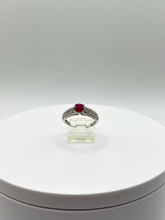 Ruby Solitaire Ring | Sterling Silver Pavé Band, Size 8
