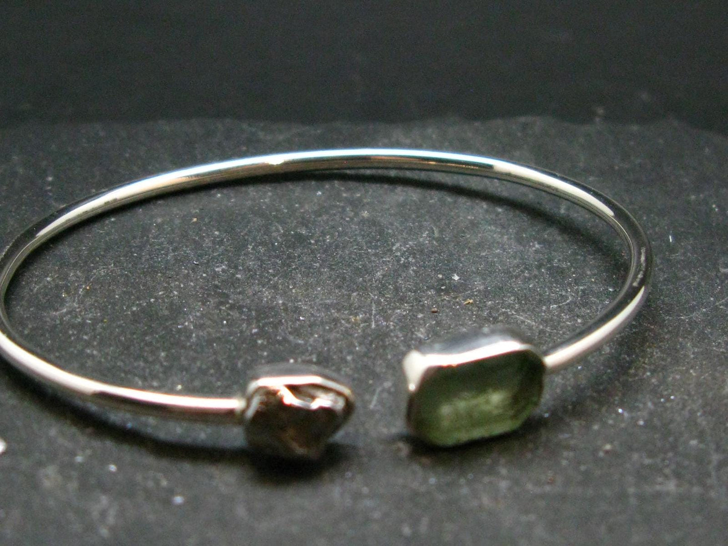 Moldavite and Meteorite Sterling Silver Bracelet - 5.05 Grams - Size Adjustable