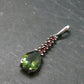 Moldavite Tektite & Red Garnet Silver Pendant from Czech Republic - 1.2"