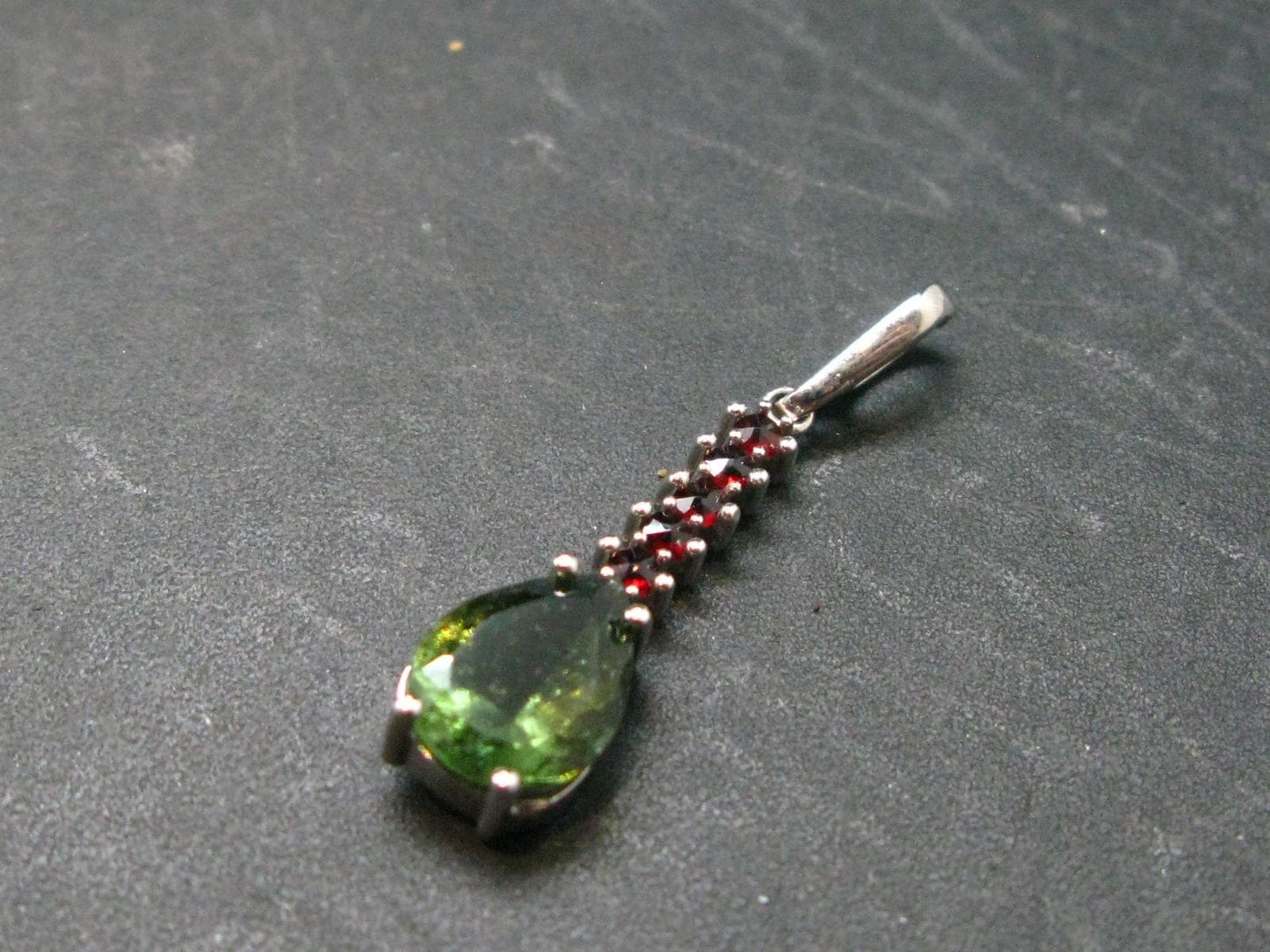 Moldavite Tektite & Red Garnet Silver Pendant from Czech Republic - 1.2"