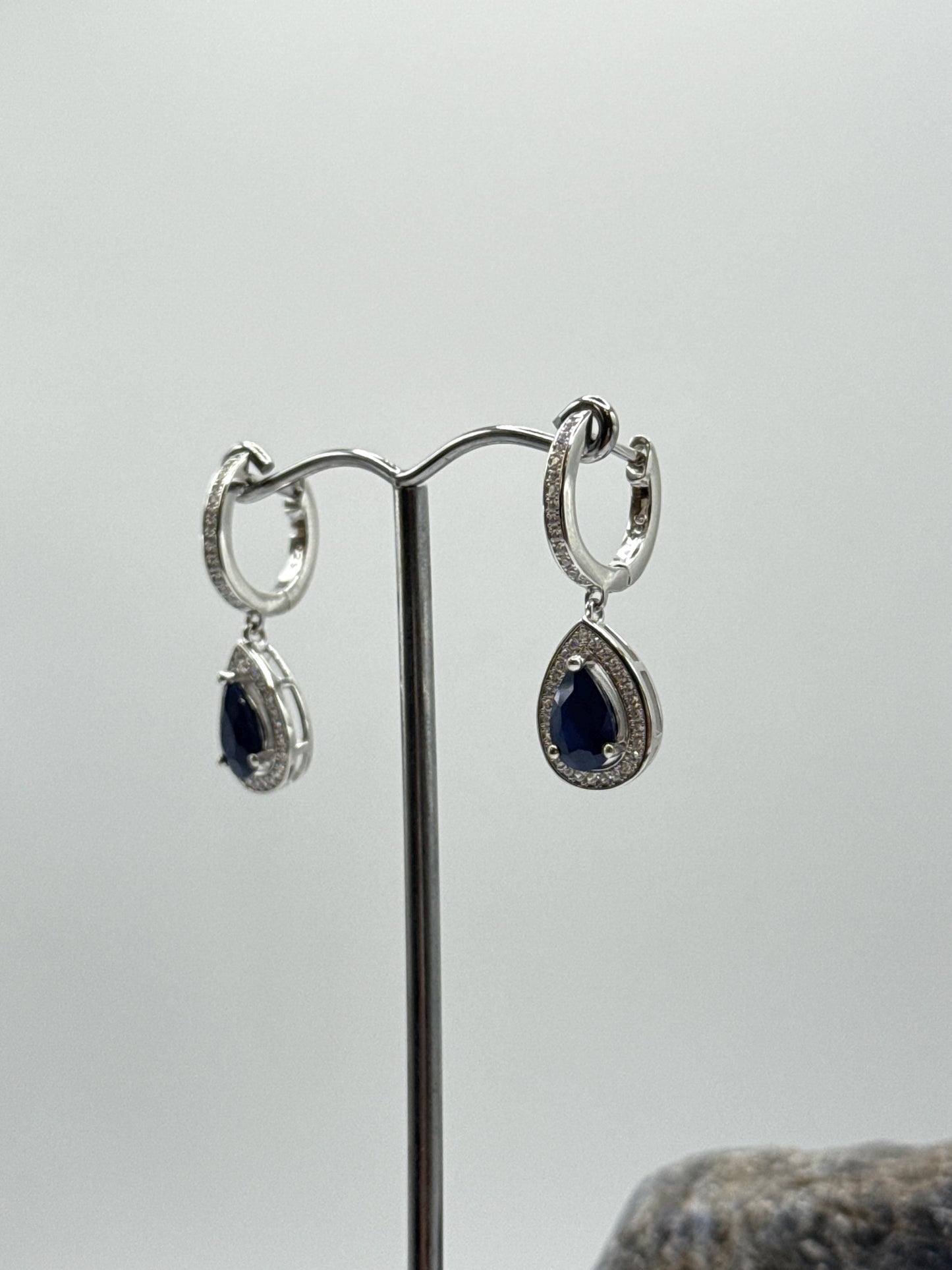 Pear Sapphire Dangle Earrings | Blue Sapphire Halo Earrings | Sterling Silver Drop Earrings | September Birthstone - Weight 5.42 g