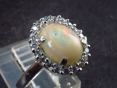 Flashes of Lightning!! Natural Cabochon Opal 925 Sterling Silver Ring with CZ from Ethiopia - Size 5.5 - 2.42 Grams