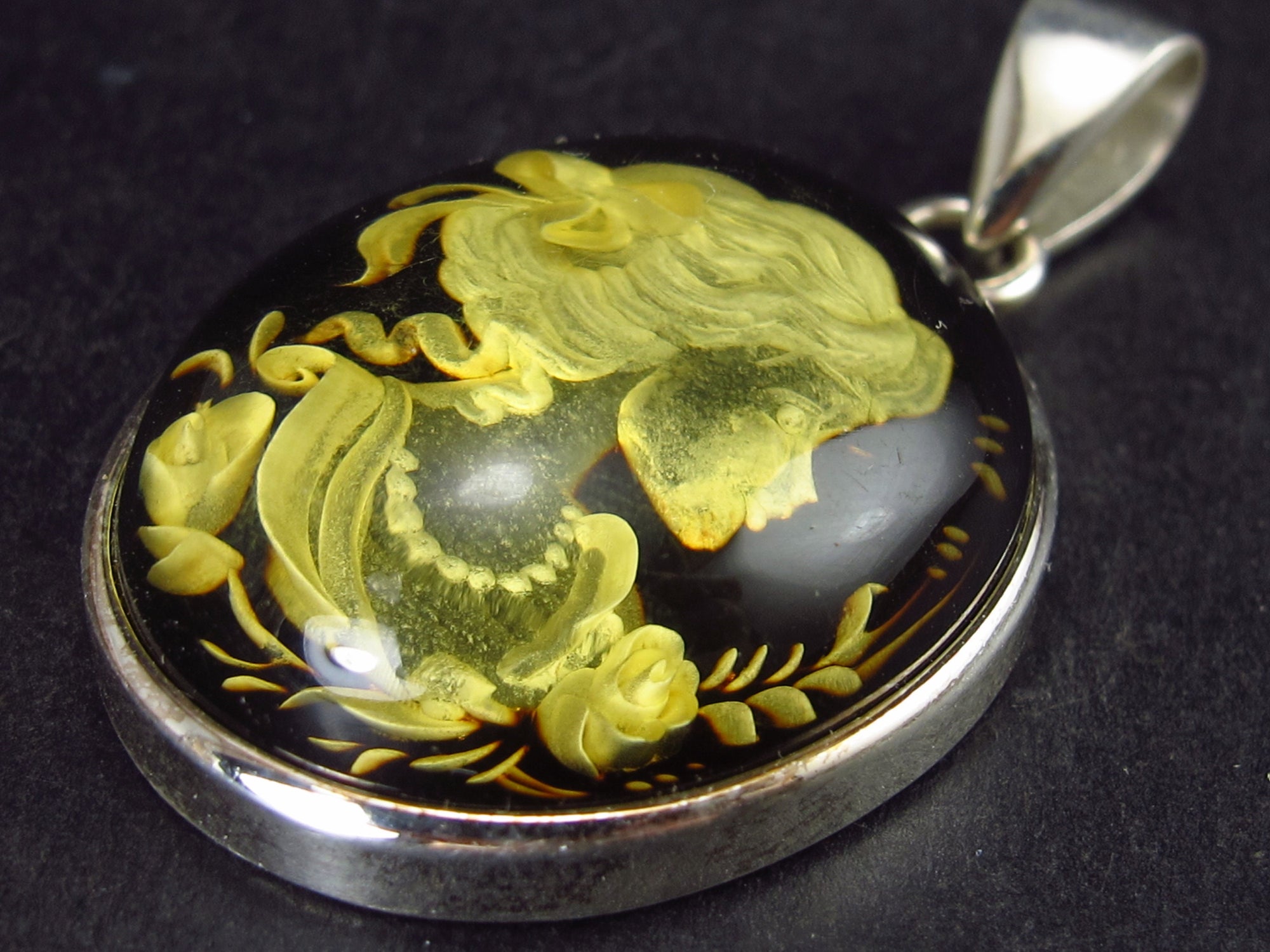 Hand Carved Baltic Amber 925 Silver Cameo Woman Lady Flower Pendant - 1.4