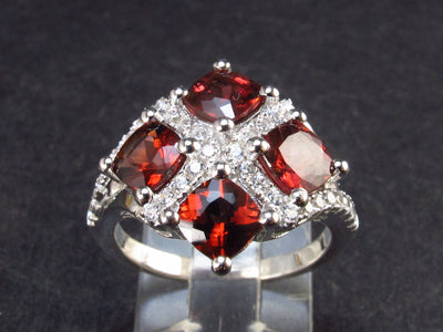 Natural Red Garnet Rhodium Plated Sterling Silver Ring with CZ - Size 7.25
