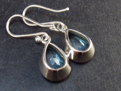 Pear Shaped Faceted Natural Sky Blue Topaz Dangle 925 Silver Earrings from Brazil - 1.2" - 4.6 Grams