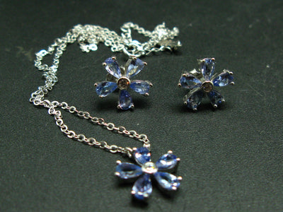 Natural Faceted Tanzanite Zoisite Flower 925 Sterling Silver Jewelry Set Stud Earrings Necklace