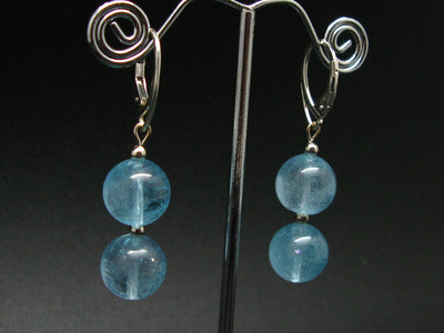Minimalist and Chic Design - 12mm Natural Sky Blue Round Beads Dangle 925 Silver Leverback Earrings from Brazil