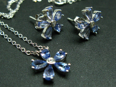 Natural Faceted Tanzanite Zoisite Flower 925 Sterling Silver Jewelry Set Stud Earrings Necklace