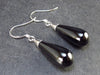 Long Pear Teardrop Black Spinel Dangle Shepherd Hook Sterling Silver Earrings - 1.5"