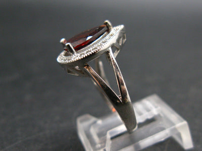 Natural Pear Shaped Faceted Red Garnet Rhodium Plated Sterling Silver Ring with CZ - Size 6.0