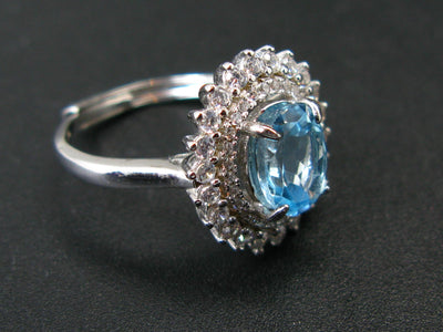 Oval Shaped Faceted Natural Sky Blue Topaz Sterling Silver Ring with CZ - Size Adjustable