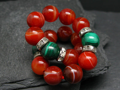 Carnelian & Malachite Genuine Bracelet ~ 7 Inches ~ 10mm Round Beads