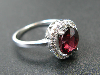 Natural Faceted Red Garnet Rhodium Plated Sterling Silver Ring with CZ - Size 6.5