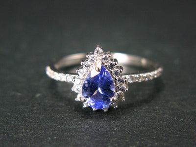 Natural Pear Shaped Blue Tanzanite (Zoisite) Crystal Sterling Silver Ring with Small CZ From Tanzania - Size 8