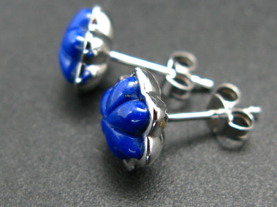 Ultra Marine Colour Genuine Lapis Lazuli Carved flowers Sterling Silver Stud Earrings - 0.7"