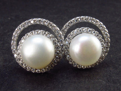 The Most Classic Earring Styles!! Natural 8mm Round Freshwater Cultured Pearls 925 Silver Stud Earrings with CZ - 0.8"