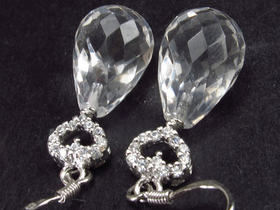 Lovely Faceted Pear Teardrop Clear Quartz Dangle Shepherd Hook Sterling Silver Earrings with Little Silver CZ Heart - 1.5"