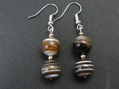 Natural Horizontal Banding Brown Agate Round Beads Dangle Shepherd Hook Earrings