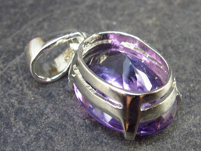 Large Genuine Rich Purple Faceted Amethyst Sterling Silver Pendant From Brazil - 1.1" - 3.8 Grams