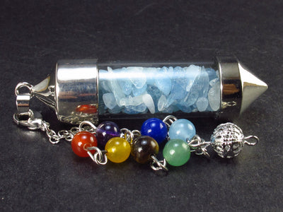 Glass Tube with Aquamarine Pendulum and 7 Chakra Beads Chain - 10.6"