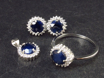 Natural Faceted Round Dark Blue Sapphire 925 Sterling Silver Jewelry Set Ring Stud Earring Pendant with CZ - 6.9 Grams
