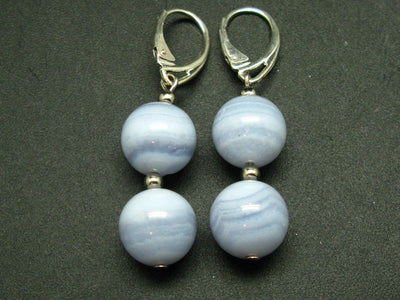 Gem of Ecology!! Natural Blue Lace Agate Round Beads Dangle 925 Silver Leverback Earrings