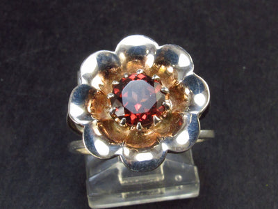 Faceted Red Garnet 925 Silver Flower Ring From India - Size 7