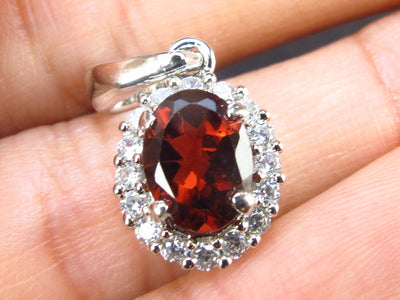 Genuine Red Garnet Almandine Gem with CZ Sterling Silver Pendant From India - 0.7" - 1.78 Grams